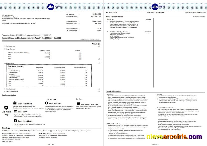 India Jio bank statement 4 pages